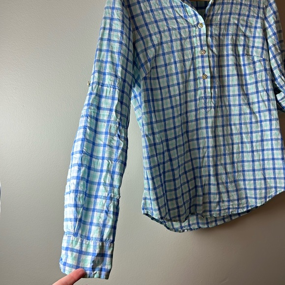 VINEYARD VINES Women’s White Blue Plaid Popover Roll Tab Sleeve Shirt – Size 4 - Picture 2 of 4